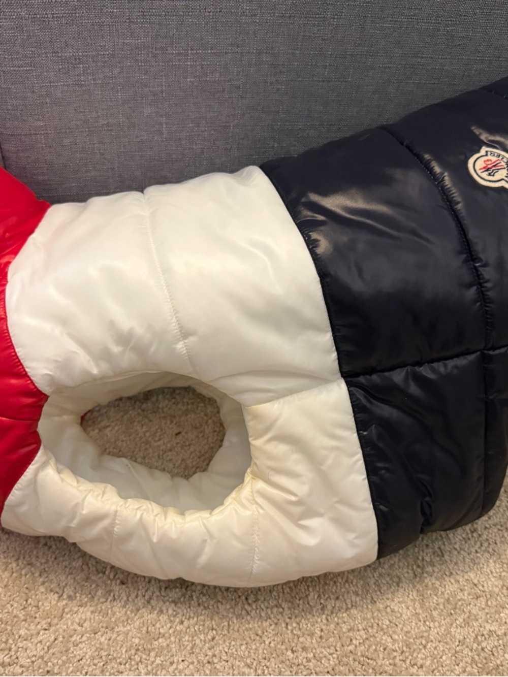 Moncler Tricolor Puffer Dog Jacket - Red White Black